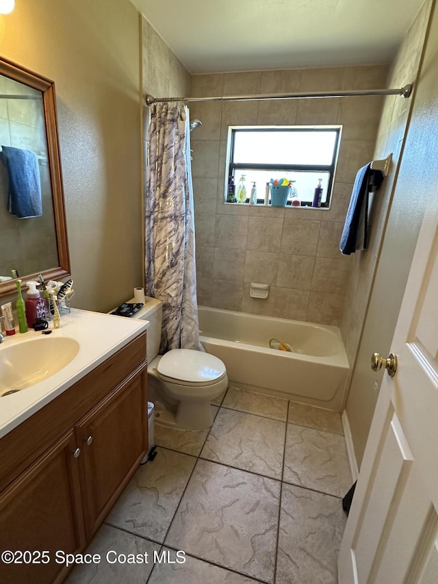full bath with marble finish floor, shower / tub combo, toilet, and vanity