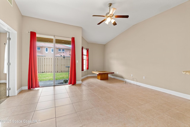 1298 Etruscan Way Unit 119, Indian Harbour Beach, FL 32937 - unfurnished room featuring a ceiling fan, lofted ceiling, light tile patterned floors, and baseboards