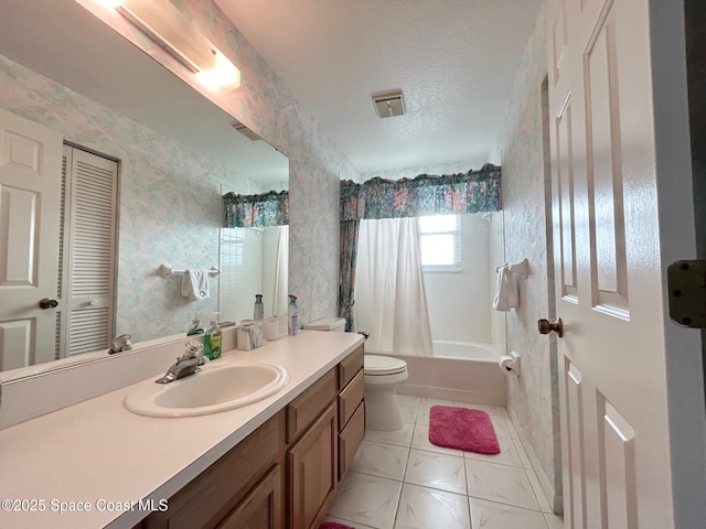 bathroom featuring wallpapered walls, toilet, vanity, and shower / bath combination with curtain