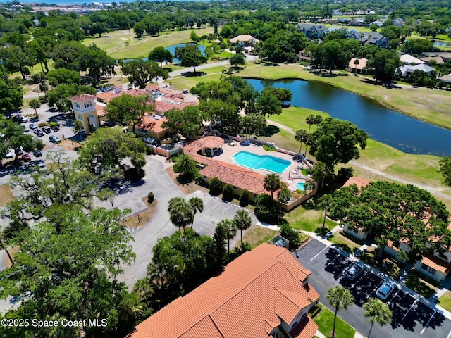bird's eye view with a water view and golf course view