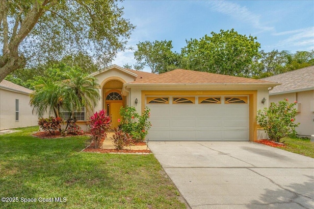 7016 Hammock Trace Dr, Melbourne, FL 32940 - ranch-style house with an attached garage, driveway, stucco siding, a front lawn, and a shingled roof