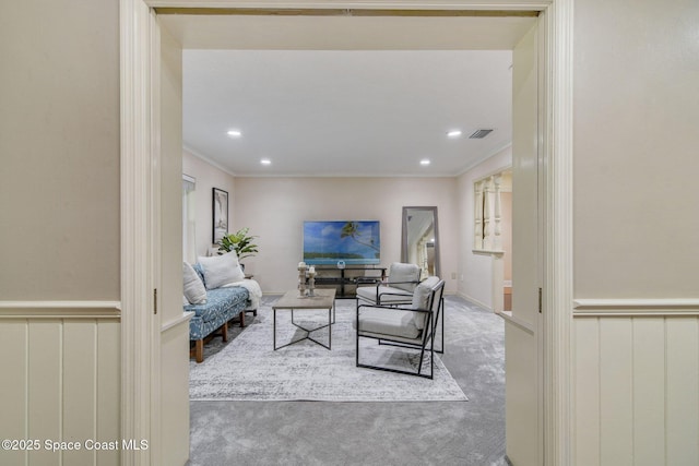 1501 Oranole Rd, Maitland, FL 32751 - living room featuring carpet floors, ornamental molding, and recessed lighting
