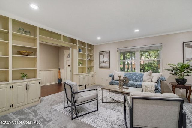 1501 Oranole Rd, Maitland, FL 32751 - living room with wood finished floors, recessed lighting, crown molding, and a wainscoted wall