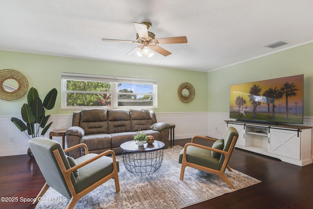 1501 Oranole Rd, Maitland, FL 32751 - living room featuring wainscoting, a ceiling fan, wood finished floors, and crown molding