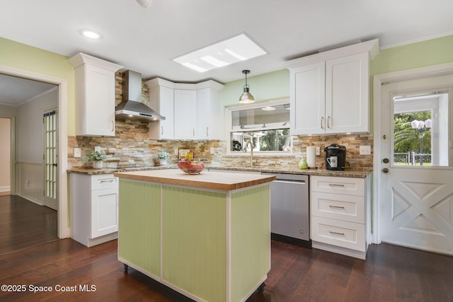 1501 Oranole Rd, Maitland, FL 32751 - kitchen featuring wall chimney range hood, dishwasher, crown molding, white cabinets, and tasteful backsplash