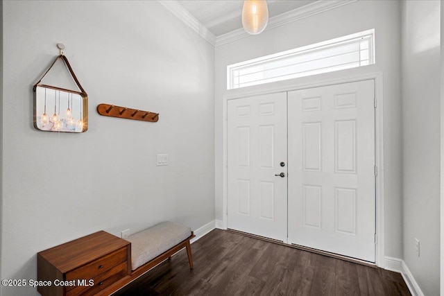 6910 Hundred Acre Dr, Cocoa, FL 32927 - entrance foyer with baseboards, ornamental molding, and dark wood-style flooring