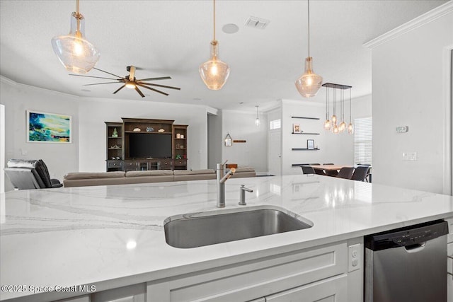 6910 Hundred Acre Dr, Cocoa, FL 32927 - kitchen featuring crown molding, a sink, dishwasher, open floor plan, and visible vents