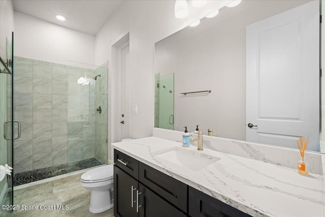 6910 Hundred Acre Dr, Cocoa, FL 32927 - bathroom with vanity, tile patterned flooring, toilet, recessed lighting, and a shower stall