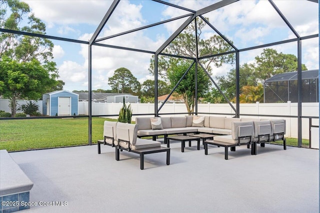 6910 Hundred Acre Dr, Cocoa, FL 32927 - view of patio / terrace featuring a storage unit, an outdoor hangout area, a fenced backyard, a lanai, and an outdoor structure
