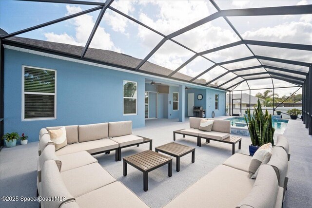 6910 Hundred Acre Dr, Cocoa, FL 32927 - view of patio / terrace with an outdoor living space, a hot tub, an outdoor pool, and a lanai