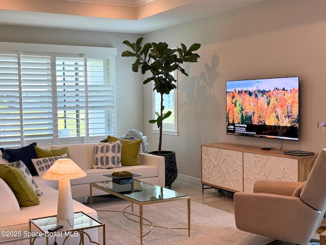 living area with baseboards and ornamental molding