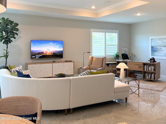 living room with marble finish floor, crown molding, and recessed lighting