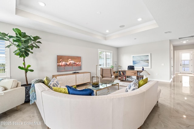 8811 Stormy Sky Ct, Melbourne, FL 32940 - living area featuring light marble finish floors, a tray ceiling, crown molding, healthy amount of natural light, and recessed lighting