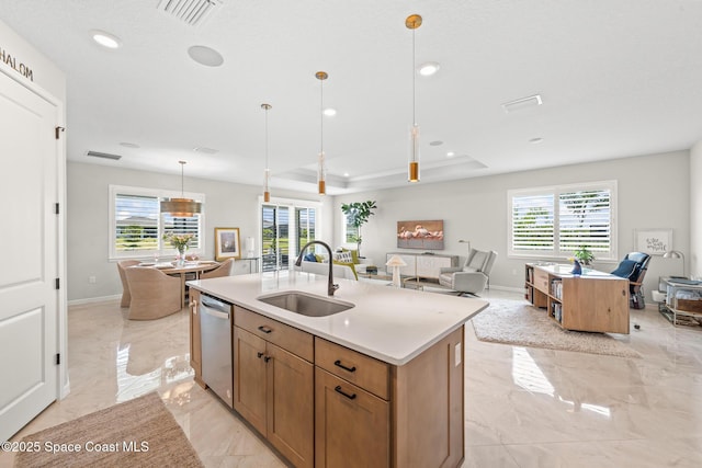 8811 Stormy Sky Ct, Melbourne, FL 32940 - kitchen with a sink, stainless steel dishwasher, open floor plan, light marble finish flooring, and recessed lighting