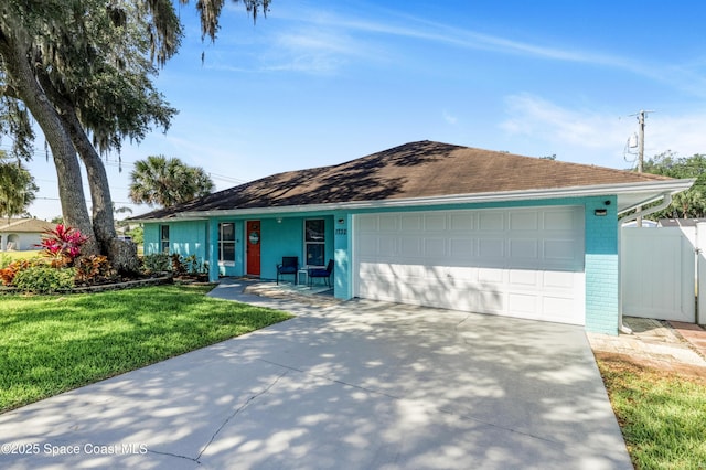 single story home featuring a front lawn, driveway, fence, and a garage