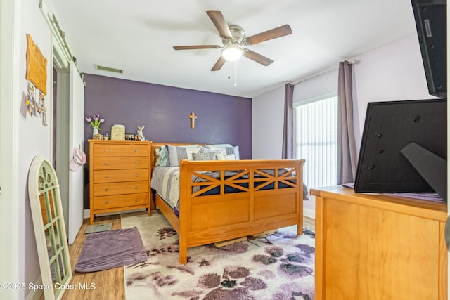 bedroom featuring a ceiling fan and visible vents