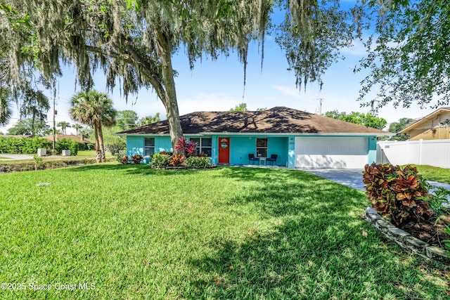 single story home featuring fence, concrete driveway, a front yard, and a garage
