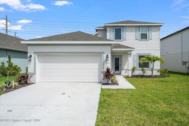 912 Covington Ct, Rockledge, FL 32955 - traditional-style house featuring concrete driveway, a front lawn, an attached garage, stucco siding, and roof with shingles