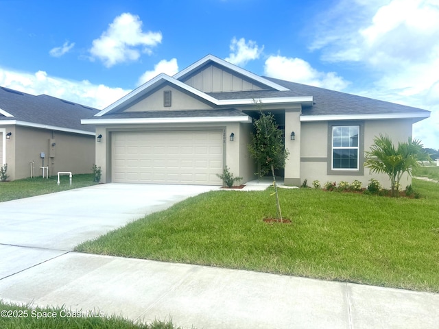 1208 Soleway Ave NW, Palm Bay, FL 32907 - ranch-style house with concrete driveway, an attached garage, a front lawn, stucco siding, and roof with shingles