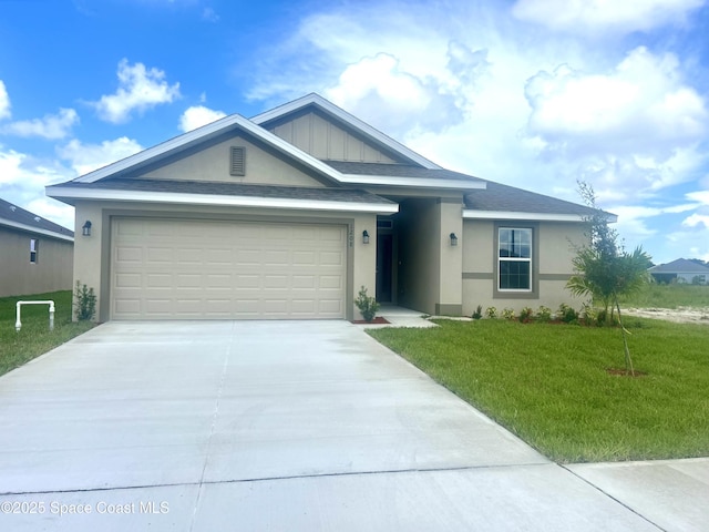 1208 Soleway Ave NW, Palm Bay, FL 32907 - ranch-style home featuring driveway, stucco siding, a front lawn, and an attached garage