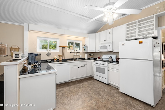 kitchen featuring a sink, ceiling fan, white appliances, and white cabinetry