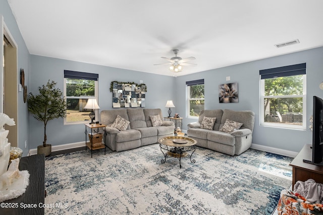 living room with visible vents, baseboards, and plenty of natural light