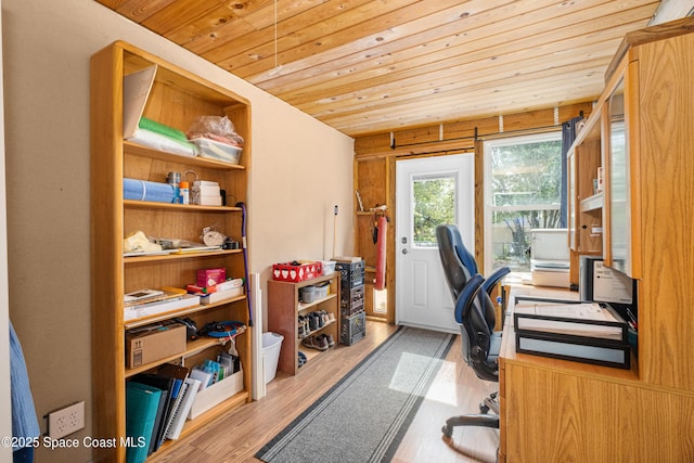office area featuring wood ceiling and wood finished floors