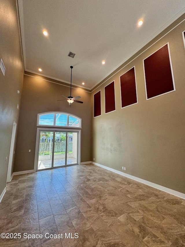unfurnished room with recessed lighting, visible vents, crown molding, baseboards, and ceiling fan
