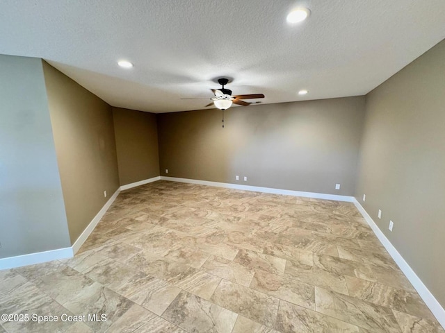 empty room featuring baseboards, recessed lighting, a textured ceiling, and ceiling fan