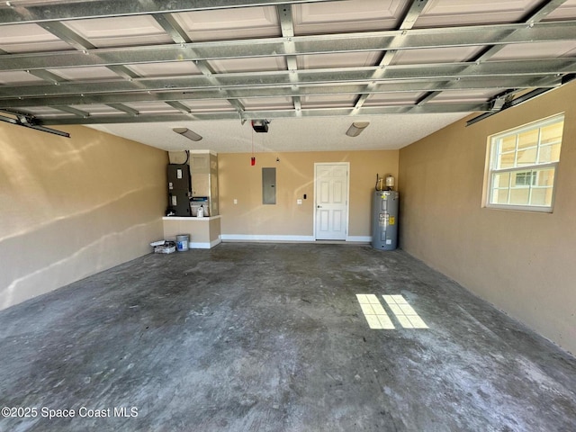 garage featuring heating unit, electric panel, electric water heater, and a garage door opener