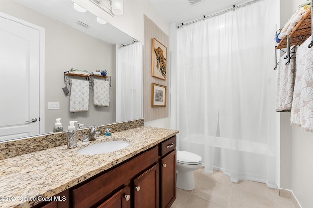full bath with tile patterned flooring, shower / bath combo with shower curtain, toilet, vanity, and visible vents