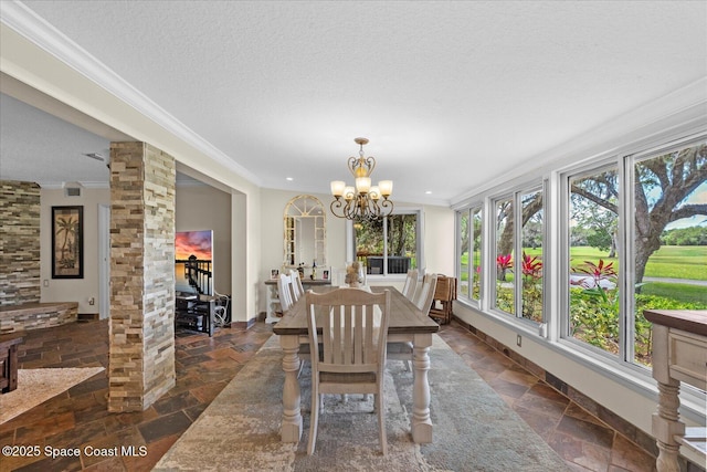800 Hidden Oaks Ln, Oak Hill, FL 32759 - dining space with crown molding, stone tile flooring, a notable chandelier, and a healthy amount of sunlight