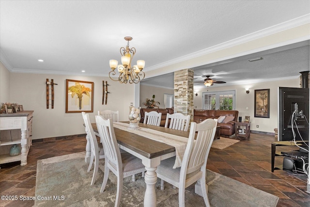 800 Hidden Oaks Ln, Oak Hill, FL 32759 - dining area with stone tile floors, baseboards, and ornamental molding