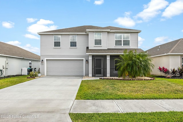 traditional-style home featuring a garage, a front lawn, roof with shingles, and concrete driveway