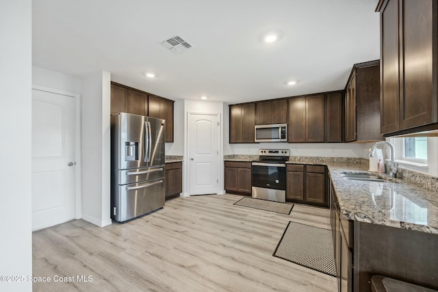 kitchen featuring light stone counters, a sink, light wood-type flooring, stainless steel appliances, and visible vents