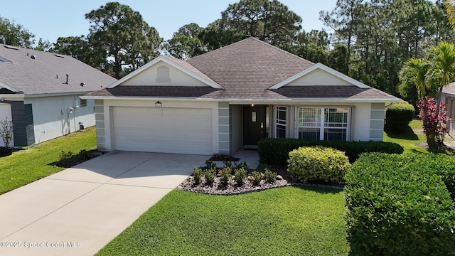 1773 Sun Gazer Dr, Rockledge, FL 32955 - ranch-style home with an attached garage, a shingled roof, a front yard, and stucco siding