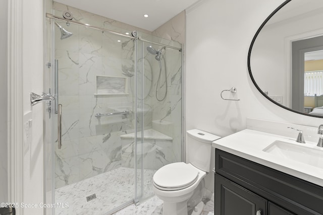 1773 Sun Gazer Dr, Rockledge, FL 32955 - full bath featuring marble finish floor, toilet, vanity, and a marble finish shower