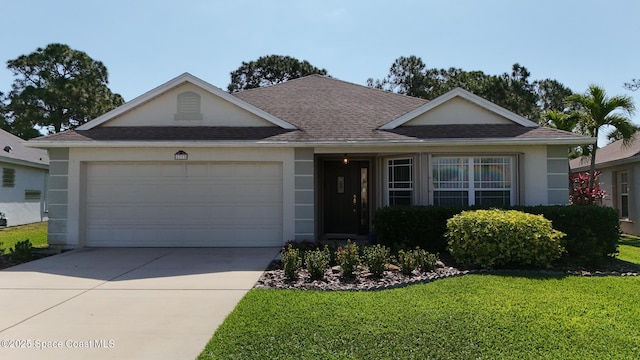 1773 Sun Gazer Dr, Rockledge, FL 32955 - ranch-style home featuring stucco siding, an attached garage, concrete driveway, roof with shingles, and a front yard