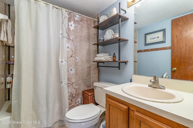 bathroom with shower / tub combo, toilet, vanity, and a textured ceiling