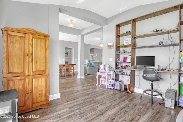 1307 Lotus St SE, Palm Bay, FL 32909 - office space with wood finished floors, a ceiling fan, baseboards, and vaulted ceiling