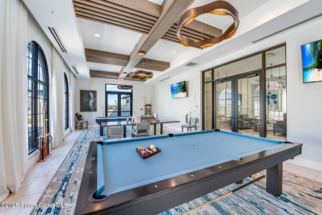 2241 Caravan Pl, Melbourne, FL 32940 - game room with french doors, coffered ceiling, billiards table, beam ceiling, and baseboards