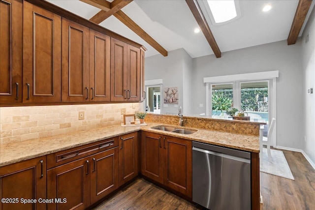 117 Windward Way, Indian Harbour Beach, FL 32937 - kitchen with a sink, beam ceiling, decorative backsplash, dark wood-type flooring, and stainless steel dishwasher