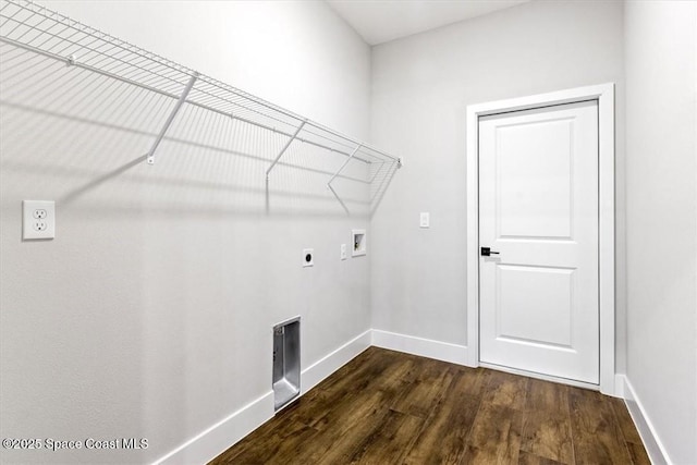 laundry area featuring laundry area, baseboards, electric dryer hookup, washer hookup, and dark wood-style flooring