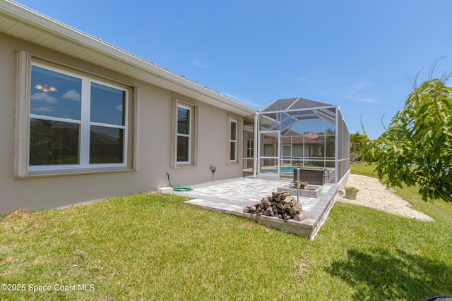 4117 Melrose Ct, Melbourne, FL 32940 - rear view of property with stucco siding, a yard, a patio, glass enclosure, and an outdoor pool