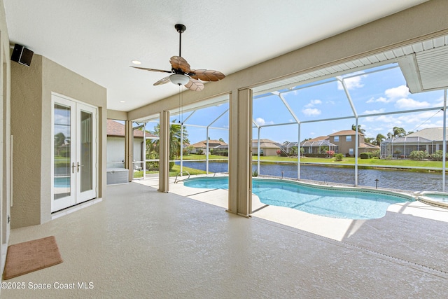 4117 Melrose Ct, Melbourne, FL 32940 - view of pool with a patio, a pool with connected hot tub, a residential view, ceiling fan, and glass enclosure