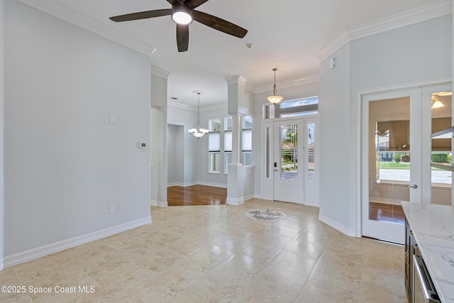 4117 Melrose Ct, Melbourne, FL 32940 - entryway featuring baseboards, light tile patterned floors, ceiling fan with notable chandelier, and crown molding
