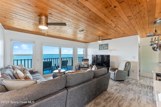 860 S Banana River Dr, Merritt Island, FL 32952 - living area featuring light wood finished floors, ceiling fan, a wealth of natural light, and wood ceiling