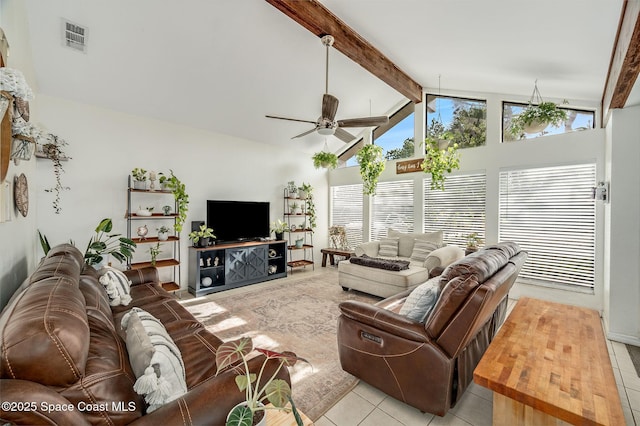 6010 Flamingo Ave, Cocoa, FL 32927 - living room with high vaulted ceiling, a ceiling fan, tile patterned floors, beam ceiling, and visible vents