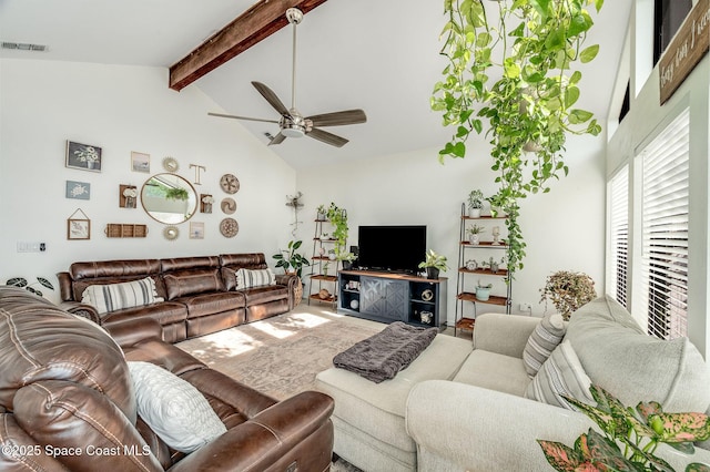6010 Flamingo Ave, Cocoa, FL 32927 - living area featuring high vaulted ceiling, ceiling fan, beam ceiling, and visible vents
