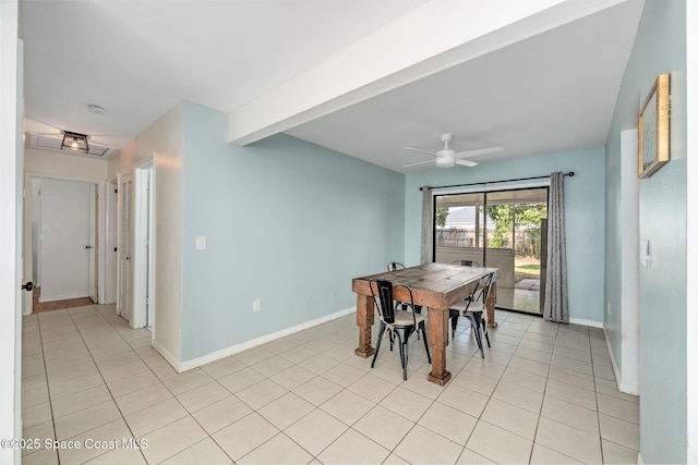6010 Flamingo Ave, Cocoa, FL 32927 - dining area featuring ceiling fan, baseboards, beam ceiling, and light tile patterned floors